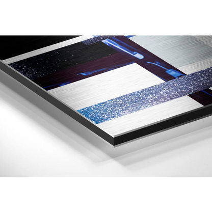 Stunning brushed aluminium dibond abstract art print in silver, blue glitter, black texture