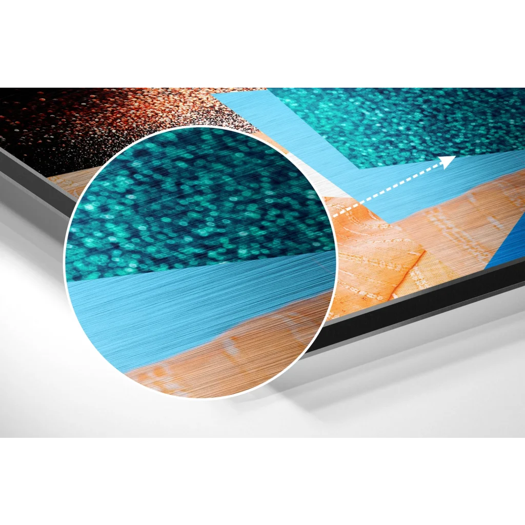 Stunning teal blue textured screen wood-grain on brushed aluminium dibond print