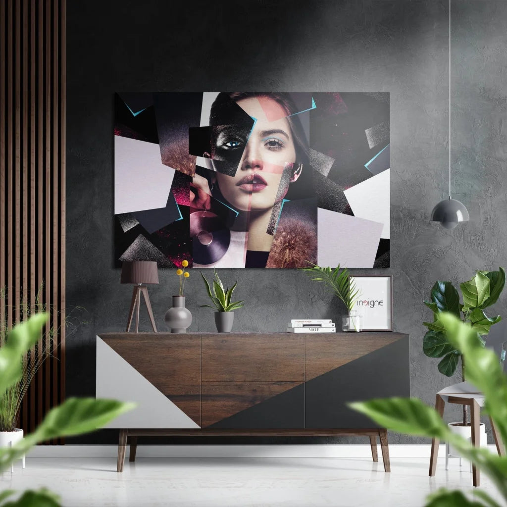 Abstract woman face in geometric shapes on brushed aluminium dibond wall art