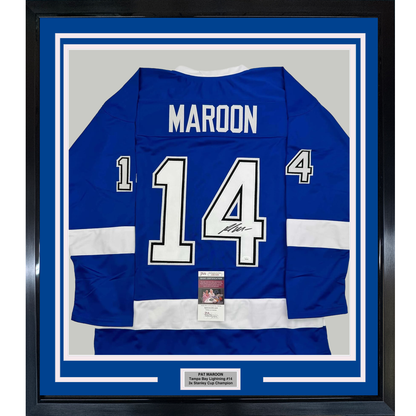 Blue and white Tampa Bay Lightning #14 hockey jersey with "MAROON" nameplate, framed behind glass with authentication certificate visible.