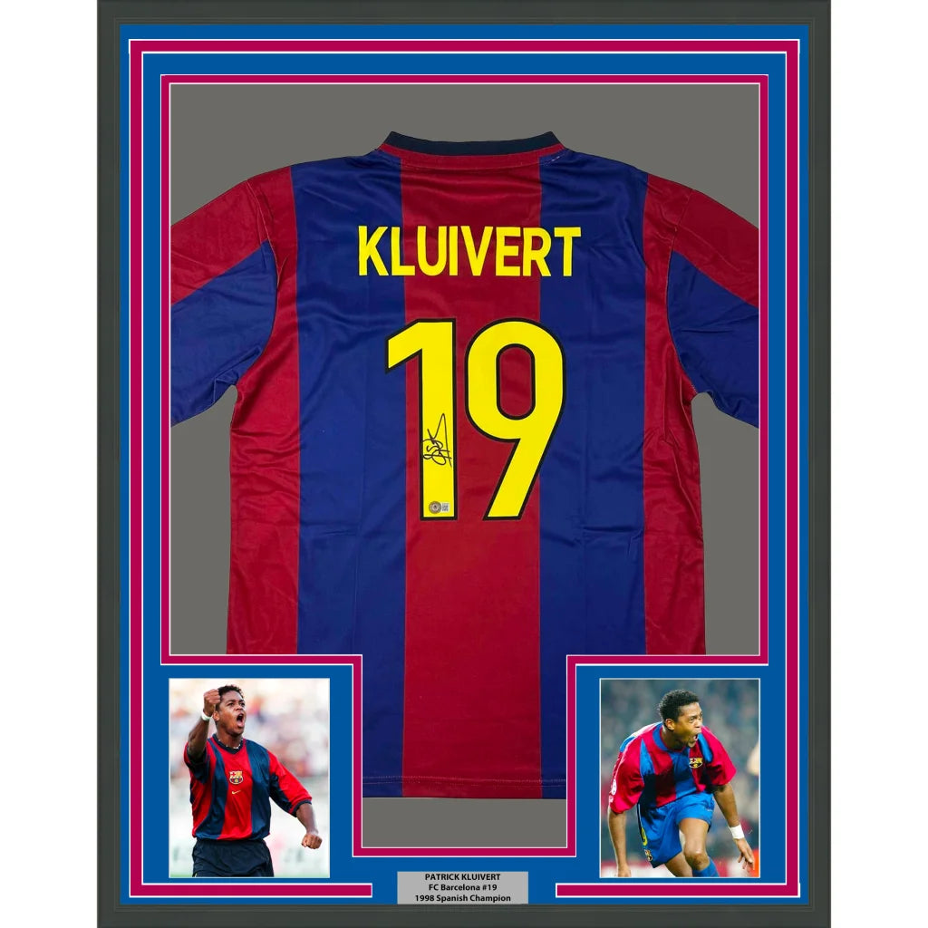 Patrick Kluivert signed framed soccer jersey with photos in red, blue, and yellow
