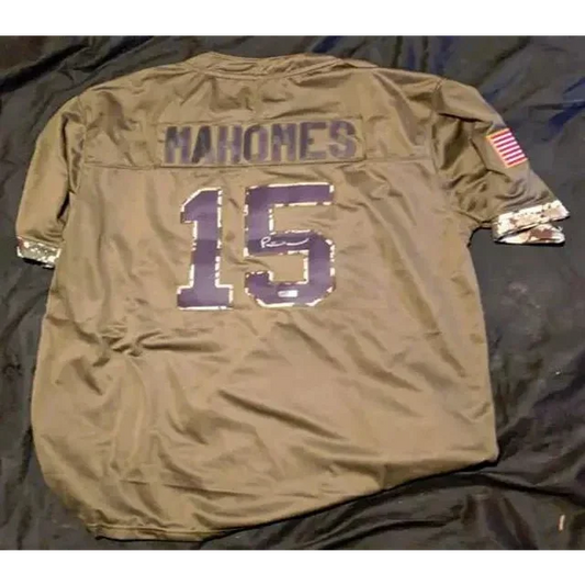 Patrick Mahomes II autographed camo jersey with American flag patch for fans