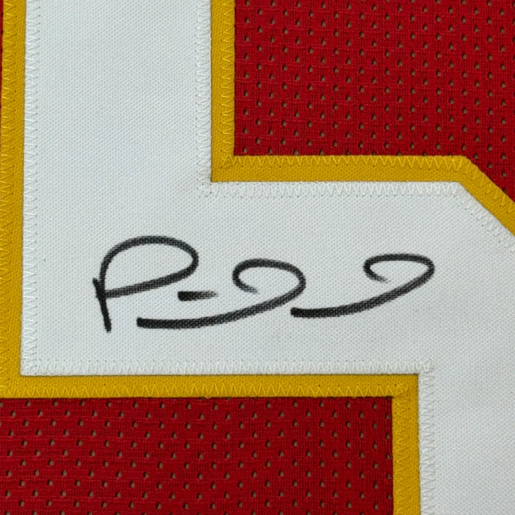 Red and white Patrick Mahomes Chiefs jersey with black marker autograph for your man cave