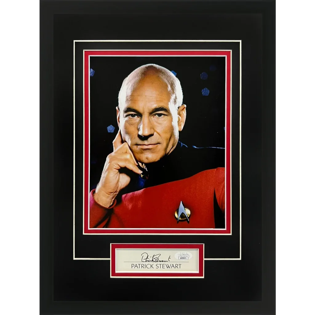 Patrick Stewart autographed Star Trek Picard portrait in red-bordered frame