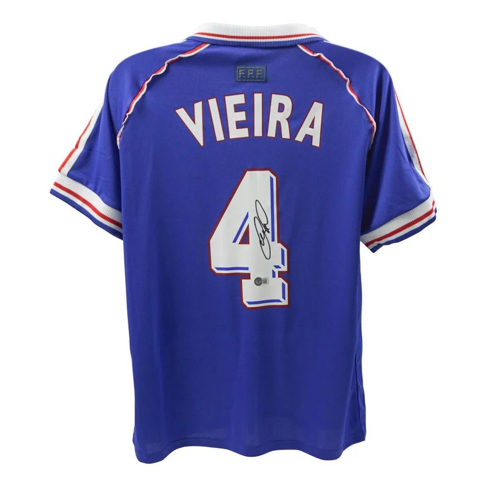 Patrick Vieira signed France 1998 World Cup jersey with signature on number, collectible soccer shirt