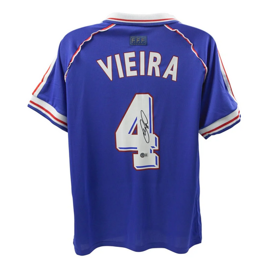 Patrick Vieira signed France 1998 World Cup jersey with signature on number, collectible soccer shirt