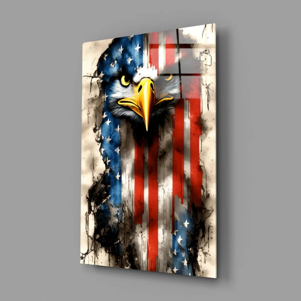 Bold patriotic eagle on distressed American flag glass wall art