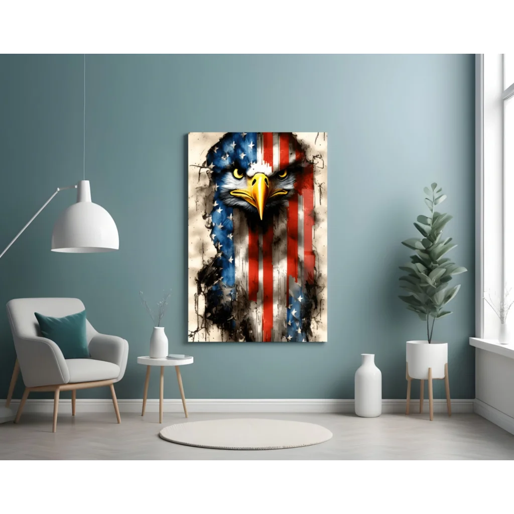 Patriotic eagle in American flag glass wall art canvas print