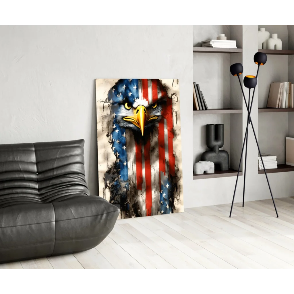 Patriotic eagle in American flag glass wall art canvas print