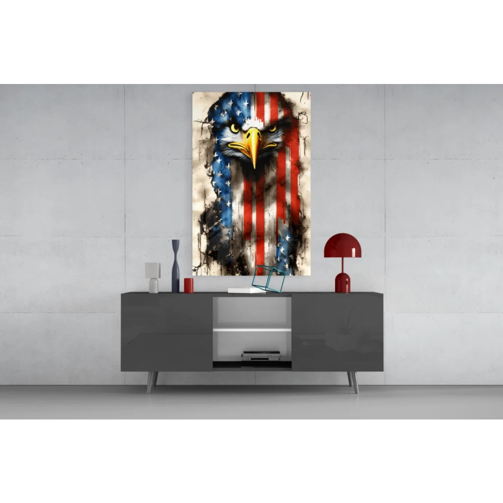 Patriotic bald eagle in American flag glass wall art canvas print