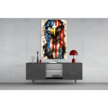 Patriotic bald eagle in American flag glass wall art canvas print
