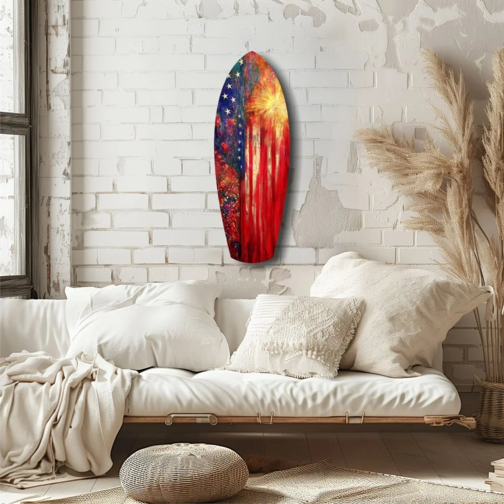 Patriotic red white surfboard tempered glass art with American flag design