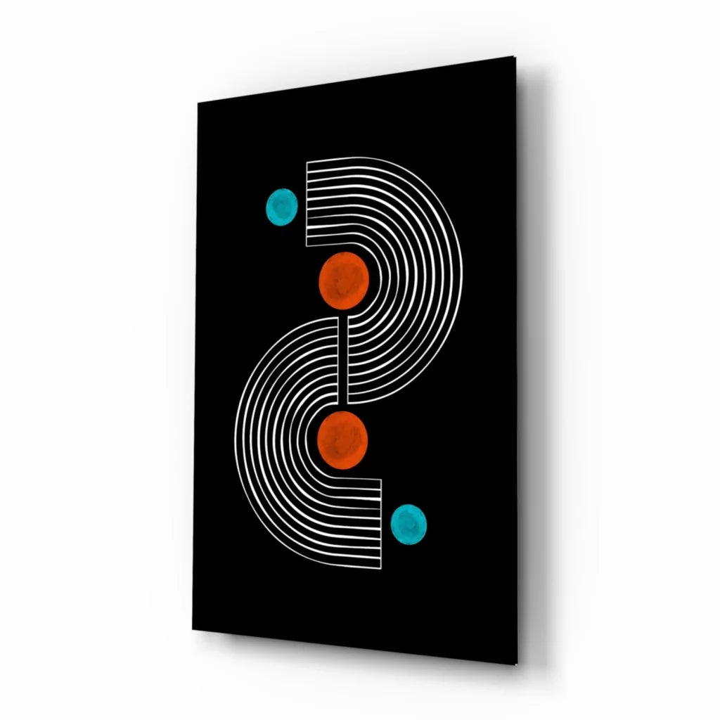 Modern glass wall art with bold white arcs and orange circles