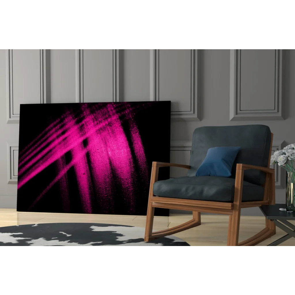 Vibrant magenta glow abstract wall art on black background in modern living room
