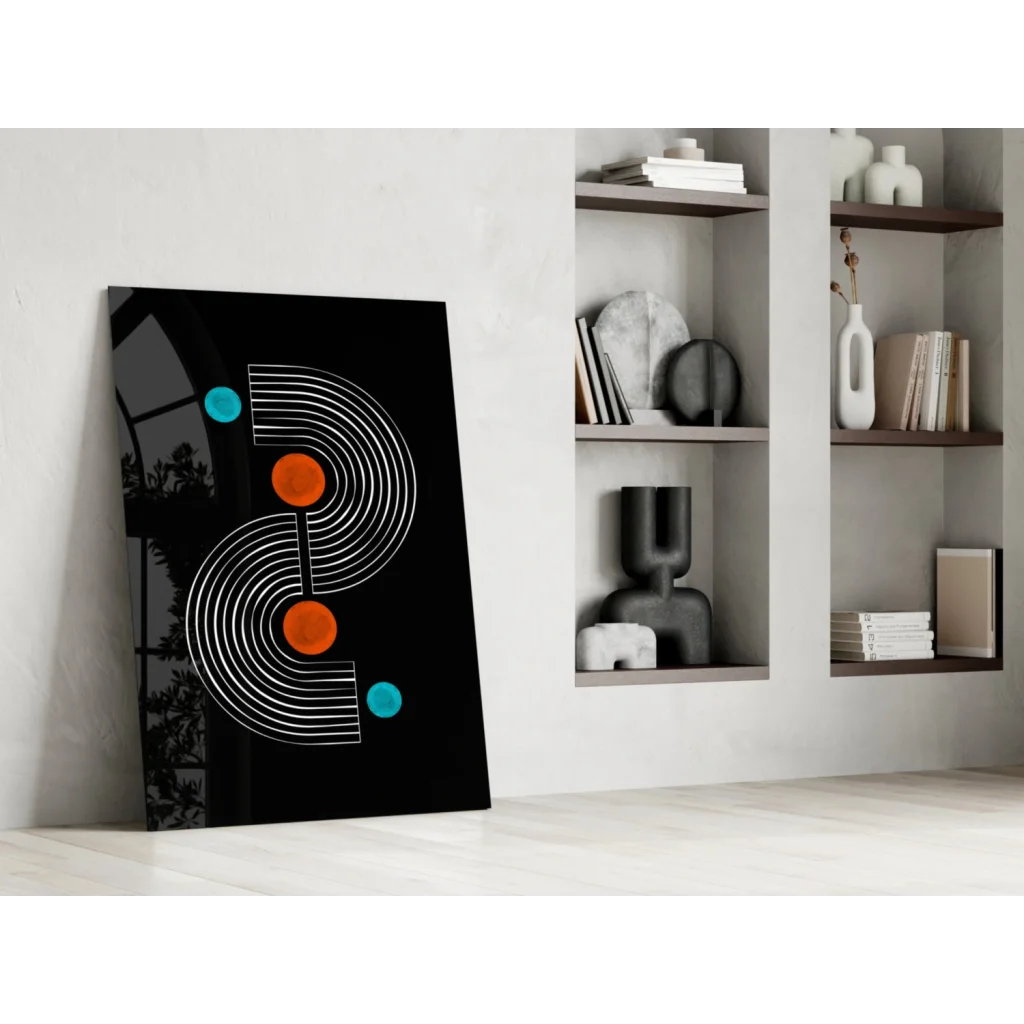 Modern black glass wall art with bold white arcs and orange teal circles