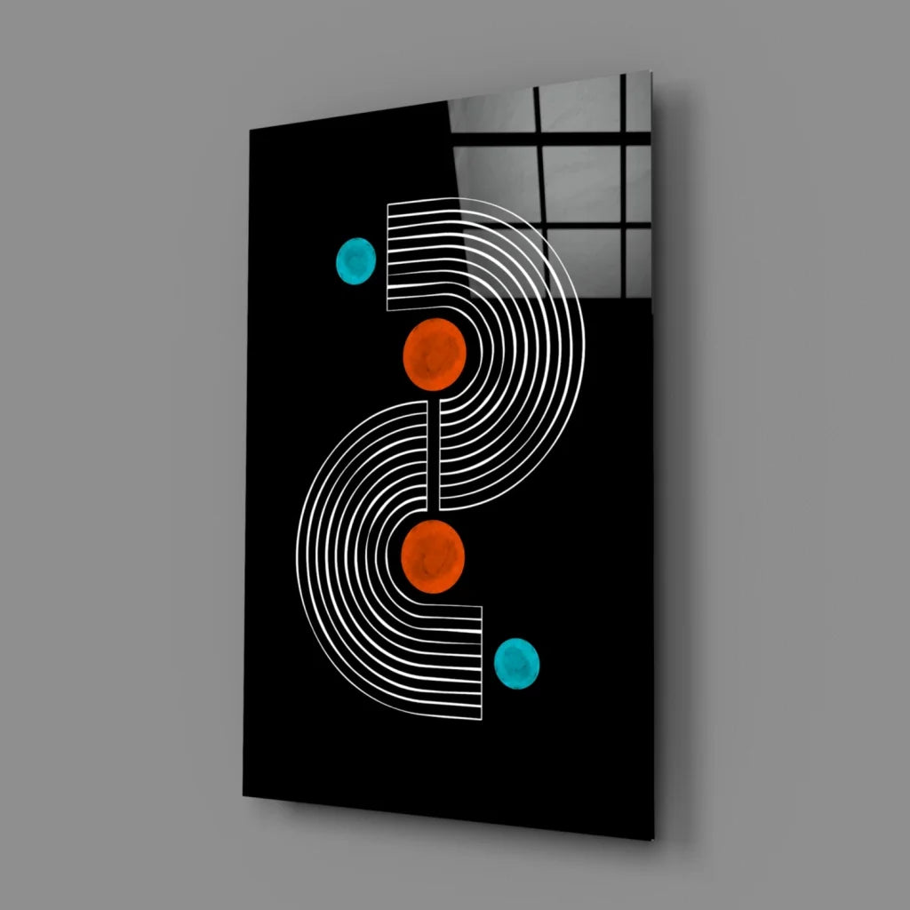 Modern black glass wall art with white arcs, orange circles, teal dots