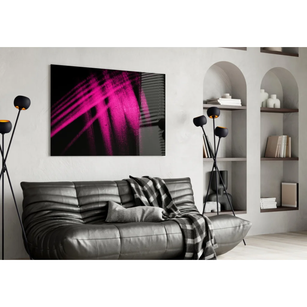 Vibrant magenta abstract wall art on black background, sleek framed glow