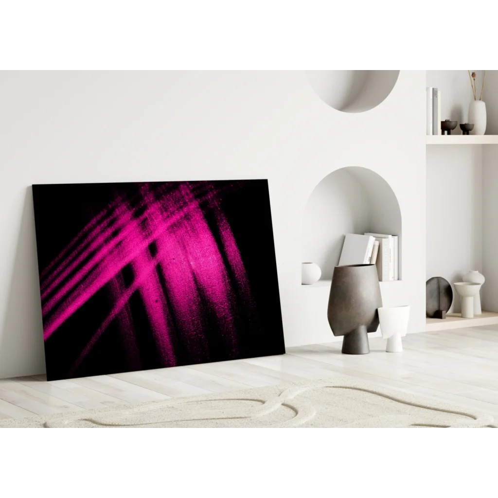 Vibrant magenta glow abstract canvas wall art with bold diagonal strokes on black background in white room