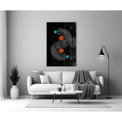 Modern glass wall art with black canvas, white arcs, orange teal circles
