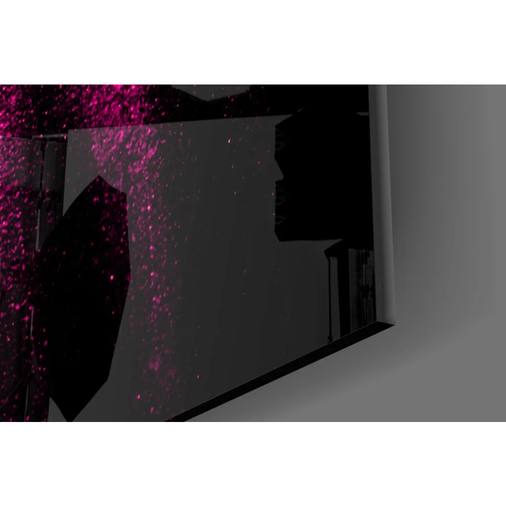 Sleek black glass wall art with shattered glossy monitor and magenta glitter glow