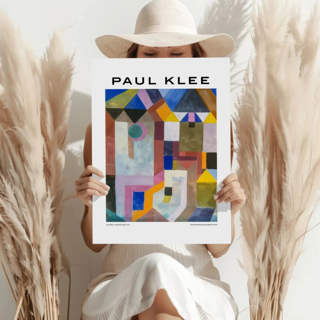 Vibrant Paul Klee geometric insigne aluminum print in blues yellows pinks greens