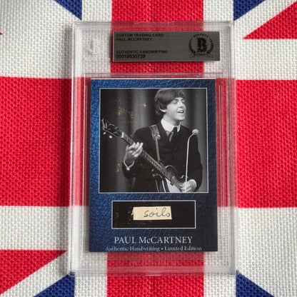 Black-and-white custom trading card of paul mccartney in a dark suit with authentic handwriting from music history