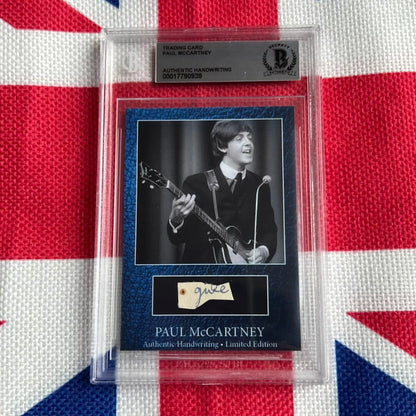 Paul McCartney autographed guitar pick card in blue and white, rock n roll music history