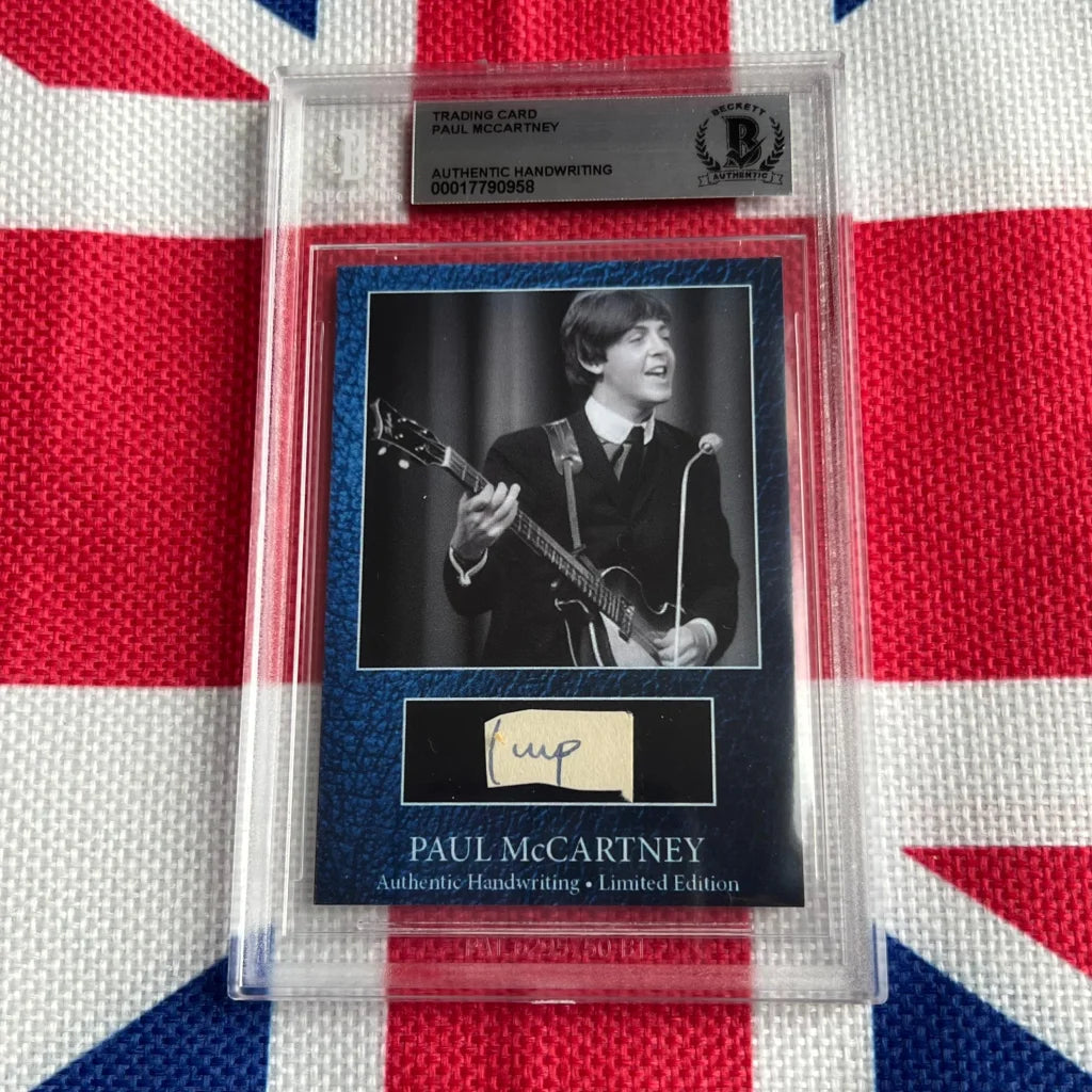 Paul McCartney graded autograph trading card with guitar photo and handwritten note from rock n roll music history