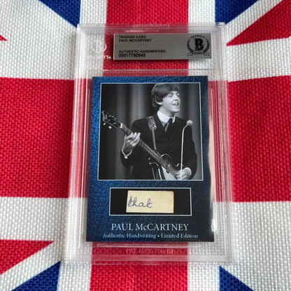 Paul McCartney autograph trading card with guitar, mic on blue background