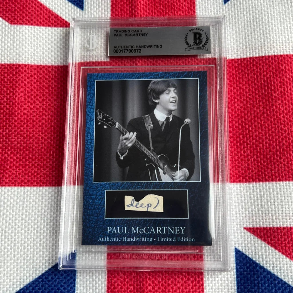 Paul McCartney graded autograph card with guitar photo and handwritten note from rock n roll music history