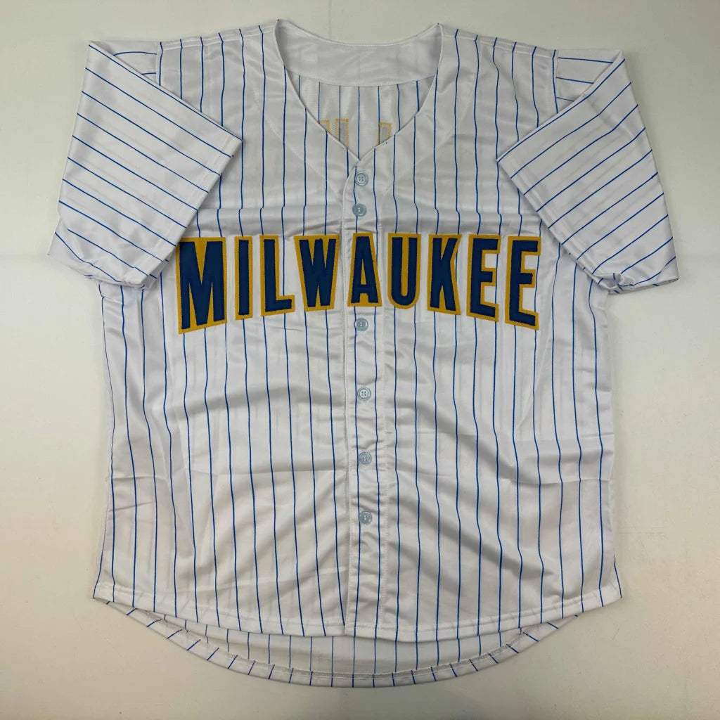 Paul Molitor signed custom jersey #4, Brewers blue pinstripes