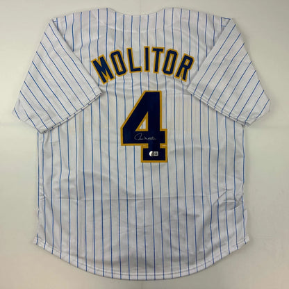 Paul Molitor signed custom jersey number 4 Brewers pinstripe professional sports