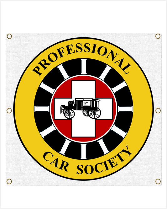 Front view of a yellow, black and red circular logo on white fabric, reading PROFESSIONAL CAR SOCIETY, with carriage silhouette.