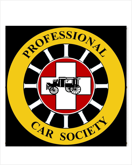 Front view of a circular logo with a yellow ring lettered PROFESSIONAL CAR SOCIETY, a red centre, a white cross and a black vintage carriage.