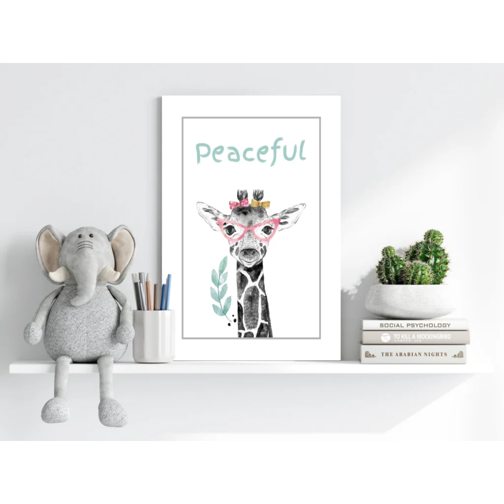 Charming watercolor giraffe in pink glasses and bow on Insigne aluminum print, peaceful