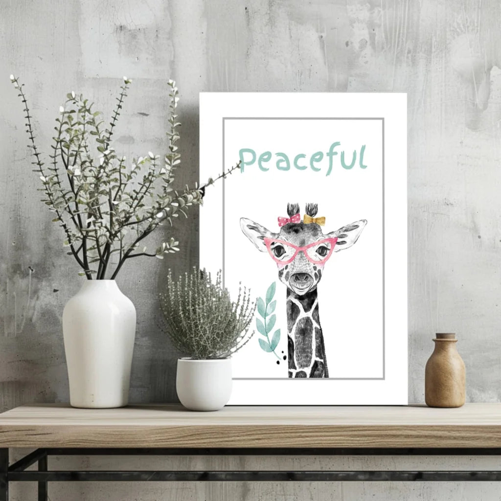 Peaceful Giraffe Insigne Aluminum Print with pink bow and glasses