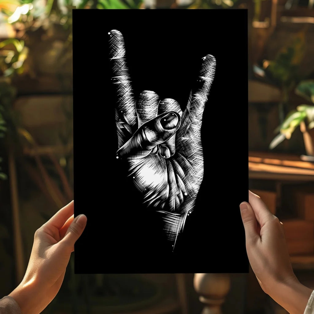 Insigne aluminum print of black poster with white rock on hand sketch