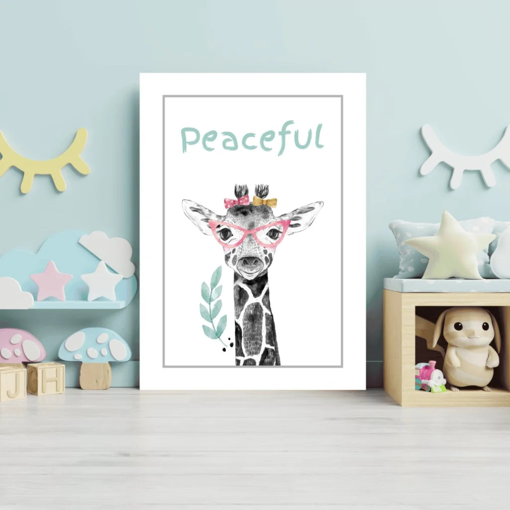 Charming watercolor giraffe with pink glasses and bow on Insigne aluminum print