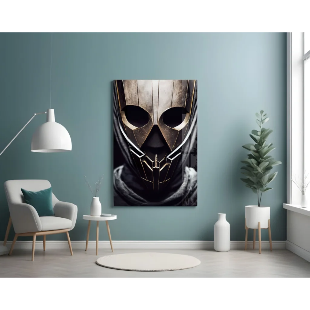 Futuristic warrior black-and-gold glass wall art mask