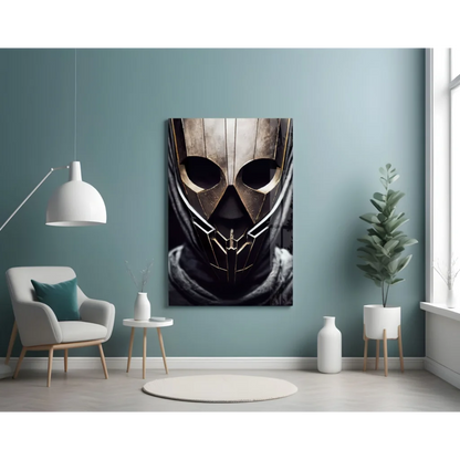Futuristic warrior black-and-gold glass wall art mask