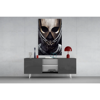 Striking black-and-gold futuristic warrior glass wall art mask
