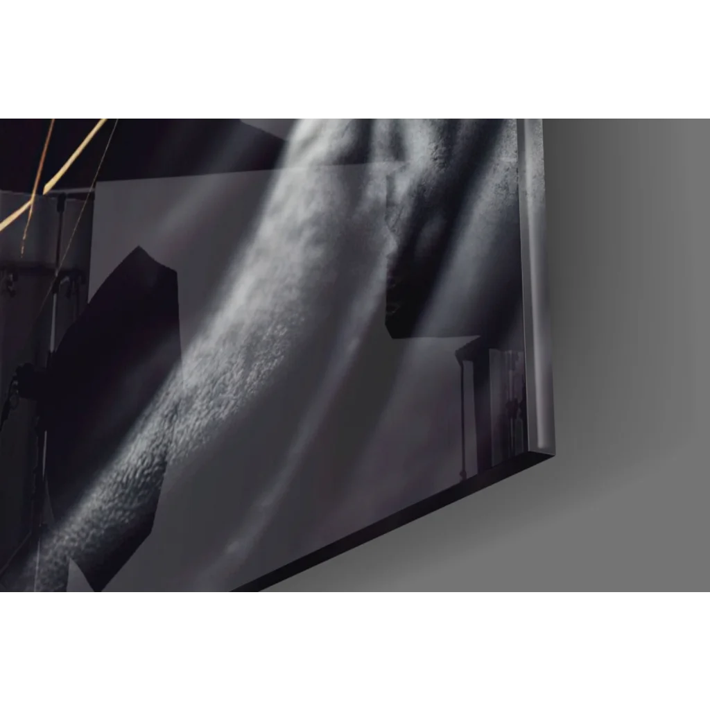 Sleek black-and-white glossy print in Futuristic Warrior glass wall art