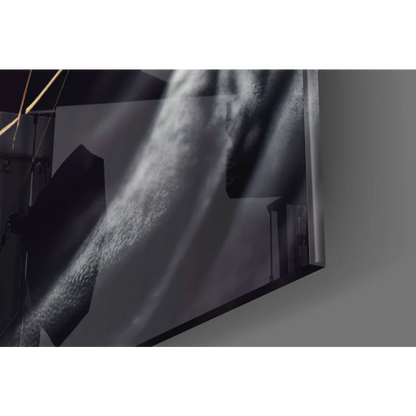 Sleek black-and-white glossy print in Futuristic Warrior glass wall art