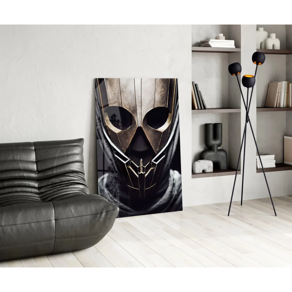Striking black-and-gold futuristic warrior glass wall art mask poster