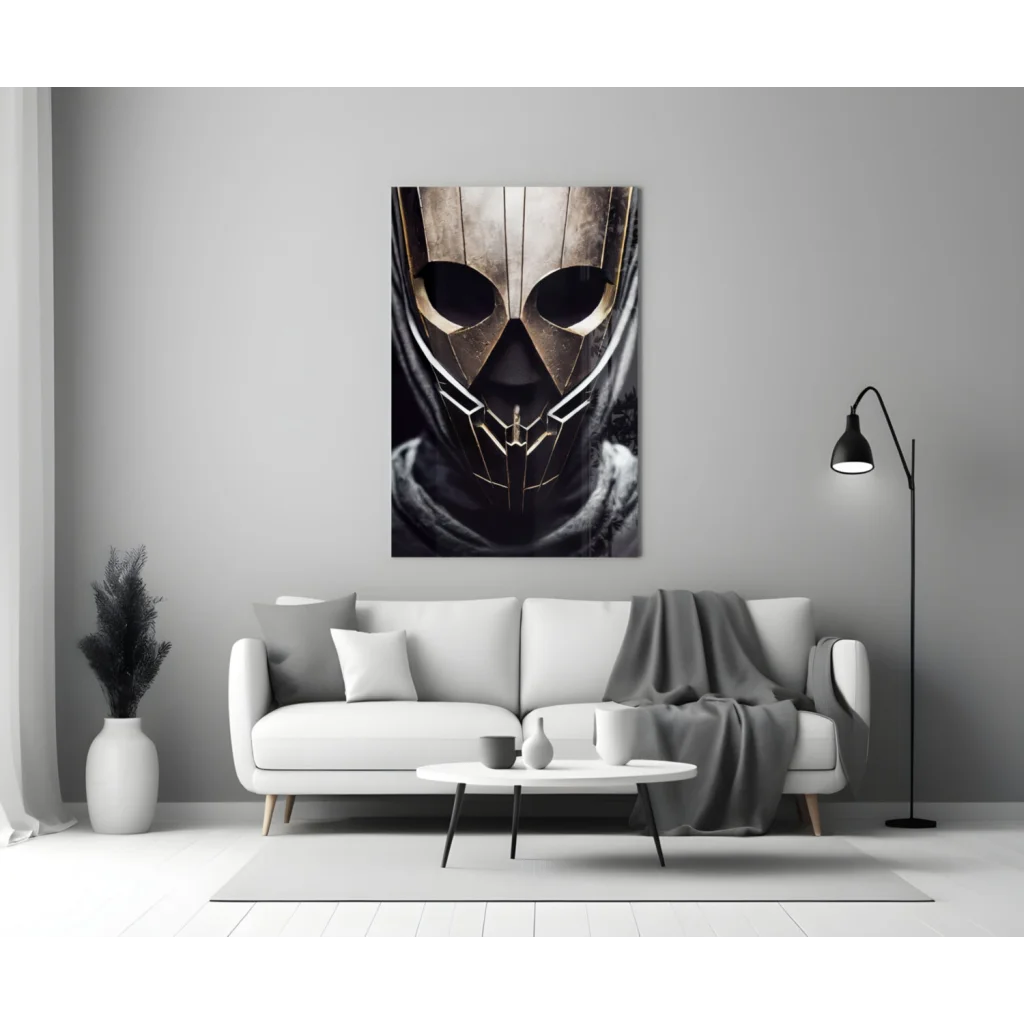Striking black and gold futuristic warrior glass wall art mask