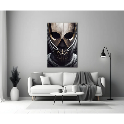 Striking black and gold futuristic warrior glass wall art mask