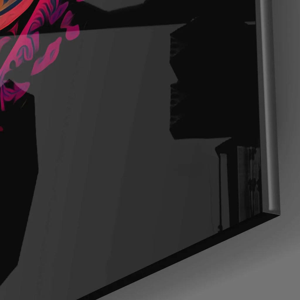 Psychedelic peace sign glass wall art with rainbow florals and distorted mirror reflections