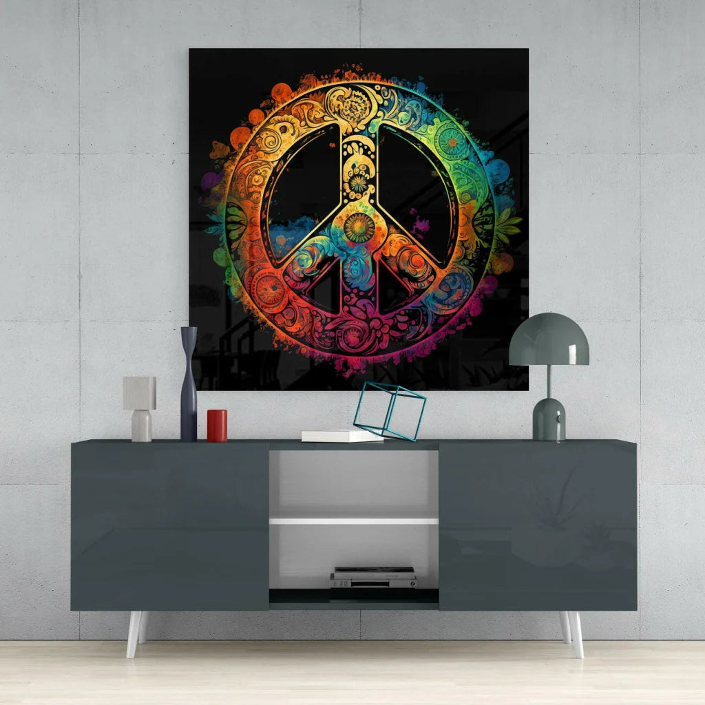 Psychedelic peace sign glass wall art with rainbow floral mandala patterns