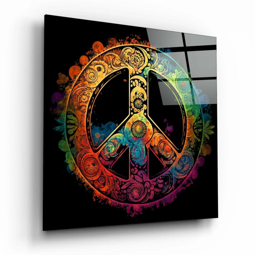 Psychedelic peace sign glass wall art with rainbow florals on black panel