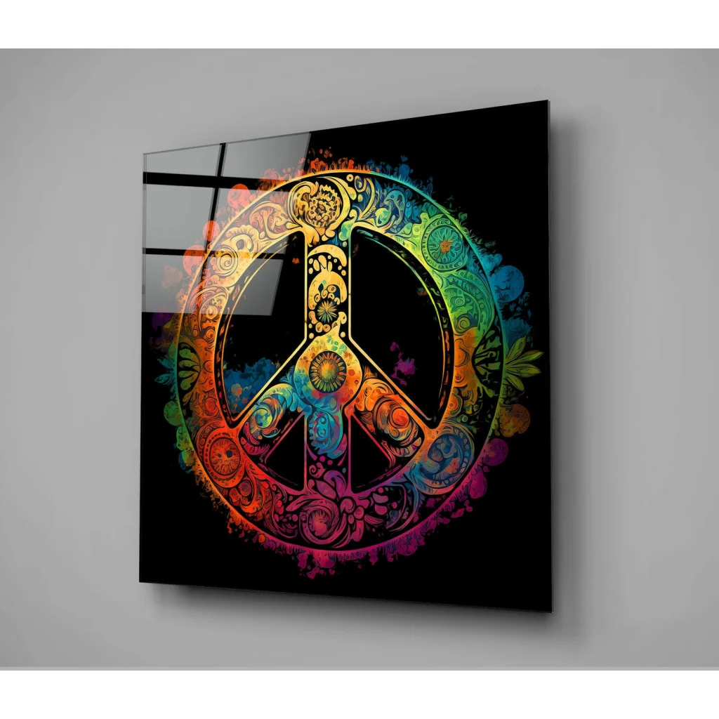 Psychedelic rainbow peace sign glass wall art with floral patterns